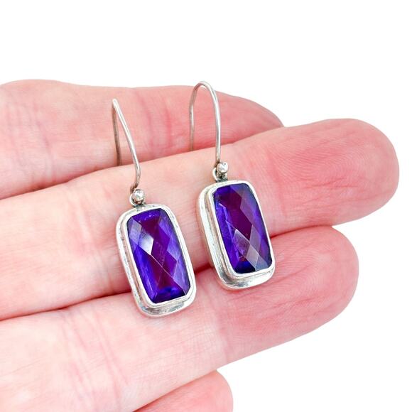 Faceted Rectangular Amethyst Dangle Earrings | Vintage Sterling Silver 925 - Picture 1 of 8